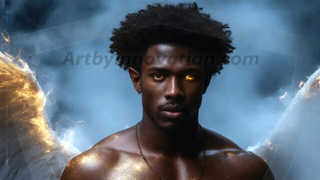 A detailed AI generated photograph featuring a beautiful handsome male angel warrior with ethereal skin and a beautiful body. Imbued with feathered wings, enormous and shimmering, a powerful warrior from the heavens. He possesses a strong, sharp jawline, chiseled muscular torso, pectorals, abs, sleek nose high cheekbones, vibrant eyes, silver earrings. With huge vibrate silver feathered wings, enormous and shimmering, with a radiant hue, reflecting light in a mesmerizing way. Here is a raw, untamed energy that emanates from him. His presence is electrifying, drawing viewers in with his captivating gaze and formidable presence. Perfect face, perfect hands.