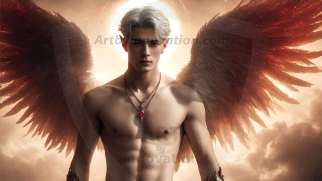 A detailed AI generated photograph featuring a beautiful handsome male angel warrior with ethereal skin and a beautiful body. Imbued with feathered wings, enormous and shimmering, a powerful warrior from the heavens. He possesses a strong, sharp jawline, chiseled muscular torso, pectorals, abs, sleek nose high cheekbones, vibrant eyes, silver earrings. With huge vibrate silver feathered wings, enormous and shimmering, with a radiant hue, reflecting light in a mesmerizing way. Here is a raw, untamed energy that emanates from him. His presence is electrifying, drawing viewers in with his captivating gaze and formidable presence. Perfect face, perfect hands.