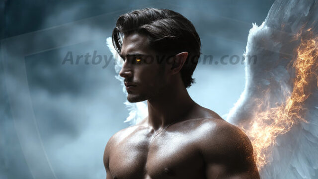 A detailed AI generated photograph featuring a beautiful handsome male angel warrior with ethereal skin and a beautiful body. Imbued with feathered wings, enormous and shimmering, a powerful warrior from the heavens. He possesses a strong, sharp jawline, chiseled muscular torso, pectorals, abs, sleek nose high cheekbones, vibrant eyes, silver earrings. With huge vibrate silver feathered wings, enormous and shimmering, with a radiant hue, reflecting light in a mesmerizing way. Here is a raw, untamed energy that emanates from him. His presence is electrifying, drawing viewers in with his captivating gaze and formidable presence. Perfect face, perfect hands.