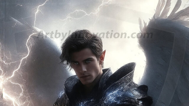 A detailed AI generated photograph featuring a beautiful handsome male angel warrior with ethereal skin and a beautiful body. Imbued with feathered wings, enormous and shimmering, a powerful warrior from the heavens. He possesses a strong, sharp jawline, chiseled muscular torso, pectorals, abs, sleek nose high cheekbones, vibrant eyes, silver earrings. With huge vibrate silver feathered wings, enormous and shimmering, with a radiant hue, reflecting light in a mesmerizing way. Here is a raw, untamed energy that emanates from him. His presence is electrifying, drawing viewers in with his captivating gaze and formidable presence. Perfect face, perfect hands.