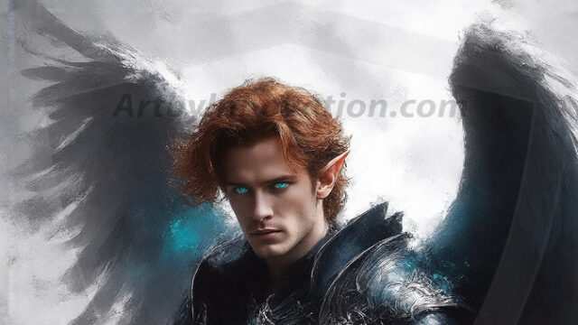 A detailed AI generated photograph featuring a beautiful handsome male angel warrior with ethereal skin and a beautiful body. Imbued with feathered wings, enormous and shimmering, a powerful warrior from the heavens. He possesses a strong, sharp jawline, chiseled muscular torso, pectorals, abs, sleek nose high cheekbones, vibrant eyes, silver earrings. With huge vibrate silver feathered wings, enormous and shimmering, with a radiant hue, reflecting light in a mesmerizing way. Here is a raw, untamed energy that emanates from him. His presence is electrifying, drawing viewers in with his captivating gaze and formidable presence. Perfect face, perfect hands.