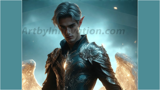 A detailed AI generated photograph featuring a beautiful handsome male angel warrior with ethereal skin and a beautiful body. Imbued with feathered wings, enormous and shimmering, a powerful warrior from the heavens. He possesses a strong, sharp jawline, chiseled muscular torso, pectorals, abs, sleek nose high cheekbones, vibrant eyes, silver earrings. With huge vibrate silver feathered wings, enormous and shimmering, with a radiant hue, reflecting light in a mesmerizing way. Here is a raw, untamed energy that emanates from him. His presence is electrifying, drawing viewers in with his captivating gaze and formidable presence. Perfect face, perfect hands.