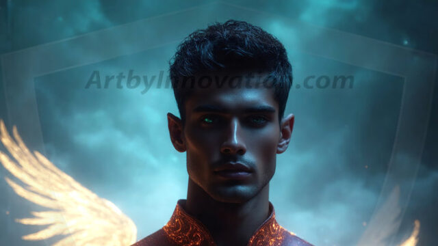 A detailed AI generated photograph featuring a beautiful handsome male angel warrior with ethereal skin and a beautiful body. Imbued with feathered wings, enormous and shimmering, a powerful warrior from the heavens. He possesses a strong, sharp jawline, chiseled muscular torso, pectorals, abs, sleek nose high cheekbones, vibrant eyes, silver earrings. With huge vibrate silver feathered wings, enormous and shimmering, with a radiant hue, reflecting light in a mesmerizing way. Here is a raw, untamed energy that emanates from him. His presence is electrifying, drawing viewers in with his captivating gaze and formidable presence. Perfect face, perfect hands.