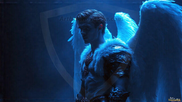 A detailed AI generated photograph featuring a beautiful handsome male angel warrior with ethereal skin and a beautiful body. Imbued with feathered wings, enormous and shimmering, a powerful warrior from the heavens. He possesses a strong, sharp jawline, chiseled muscular torso, pectorals, abs, sleek nose high cheekbones, vibrant eyes, silver earrings. With huge vibrate silver feathered wings, enormous and shimmering, with a radiant hue, reflecting light in a mesmerizing way. Here is a raw, untamed energy that emanates from him. His presence is electrifying, drawing viewers in with his captivating gaze and formidable presence. Perfect face, perfect hands.