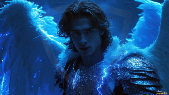 A detailed AI generated photograph featuring a beautiful handsome male angel warrior with ethereal skin and a beautiful body. Imbued with feathered wings, enormous and shimmering, a powerful warrior from the heavens. He possesses a strong, sharp jawline, chiseled muscular torso, pectorals, abs, sleek nose high cheekbones, vibrant eyes, silver earrings. With huge vibrate silver feathered wings, enormous and shimmering, with a radiant hue, reflecting light in a mesmerizing way. Here is a raw, untamed energy that emanates from him. His presence is electrifying, drawing viewers in with his captivating gaze and formidable presence. Perfect face, perfect hands.