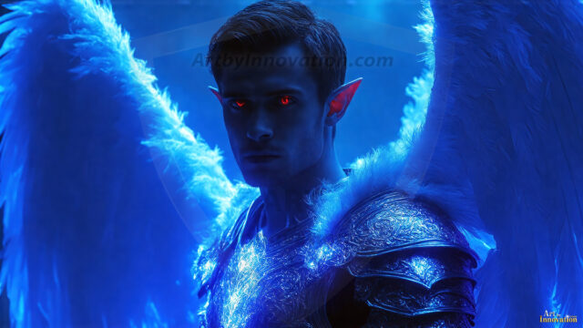 A detailed AI generated photograph featuring a beautiful handsome male angel warrior with ethereal skin and a beautiful body. Imbued with feathered wings, enormous and shimmering, a powerful warrior from the heavens. He possesses a strong, sharp jawline, chiseled muscular torso, pectorals, abs, sleek nose high cheekbones, vibrant eyes, silver earrings. With huge vibrate silver feathered wings, enormous and shimmering, with a radiant hue, reflecting light in a mesmerizing way. Here is a raw, untamed energy that emanates from him. His presence is electrifying, drawing viewers in with his captivating gaze and formidable presence. Perfect face, perfect hands.