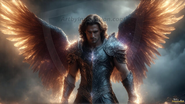 A detailed AI generated photograph featuring a beautiful handsome male angel warrior with ethereal skin and a beautiful body. Imbued with feathered wings, enormous and shimmering, a powerful warrior from the heavens. He possesses a strong, sharp jawline, chiseled muscular torso, pectorals, abs, sleek nose high cheekbones, vibrant eyes, silver earrings. With huge vibrate silver feathered wings, enormous and shimmering, with a radiant hue, reflecting light in a mesmerizing way. Here is a raw, untamed energy that emanates from him. His presence is electrifying, drawing viewers in with his captivating gaze and formidable presence. Perfect face, perfect hands.