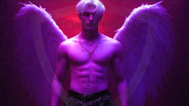 A detailed AI generated photograph featuring a beautiful handsome male angel warrior with ethereal skin and a beautiful body. Imbued with feathered wings, enormous and shimmering, a powerful warrior from the heavens. He possesses a strong, sharp jawline, chiseled muscular torso, pectorals, abs, sleek nose high cheekbones, vibrant eyes, silver earrings. With huge vibrate silver feathered wings, enormous and shimmering, with a radiant hue, reflecting light in a mesmerizing way. Here is a raw, untamed energy that emanates from him. His presence is electrifying, drawing viewers in with his captivating gaze and formidable presence. Perfect face, perfect hands.