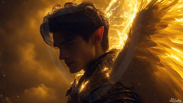 A detailed AI generated photograph featuring a beautiful handsome male angel warrior with ethereal skin and a beautiful body. Imbued with feathered wings, enormous and shimmering, a powerful warrior from the heavens. He possesses a strong, sharp jawline, chiseled muscular torso, pectorals, abs, sleek nose high cheekbones, vibrant eyes, silver earrings. With huge vibrate silver feathered wings, enormous and shimmering, with a radiant hue, reflecting light in a mesmerizing way. Here is a raw, untamed energy that emanates from him. His presence is electrifying, drawing viewers in with his captivating gaze and formidable presence. Perfect face, perfect hands.