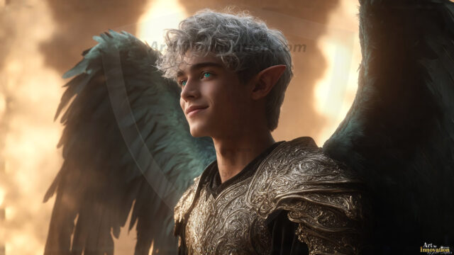A detailed AI generated photograph featuring a beautiful handsome male angel warrior with ethereal skin and a beautiful body. Imbued with feathered wings, enormous and shimmering, a powerful warrior from the heavens. He possesses a strong, sharp jawline, chiseled muscular torso, pectorals, abs, sleek nose high cheekbones, vibrant eyes, silver earrings. With huge vibrate silver feathered wings, enormous and shimmering, with a radiant hue, reflecting light in a mesmerizing way. Here is a raw, untamed energy that emanates from him. His presence is electrifying, drawing viewers in with his captivating gaze and formidable presence. Perfect face, perfect hands.