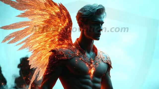 A detailed AI generated photograph featuring a beautiful handsome male angel warrior with ethereal skin and a beautiful body. Imbued with feathered wings, enormous and shimmering, a powerful warrior from the heavens. He possesses a strong, sharp jawline, chiseled muscular torso, pectorals, abs, sleek nose high cheekbones, vibrant eyes, silver earrings. With huge vibrate silver feathered wings, enormous and shimmering, with a radiant hue, reflecting light in a mesmerizing way. Here is a raw, untamed energy that emanates from him. His presence is electrifying, drawing viewers in with his captivating gaze and formidable presence. Perfect face, perfect hands.