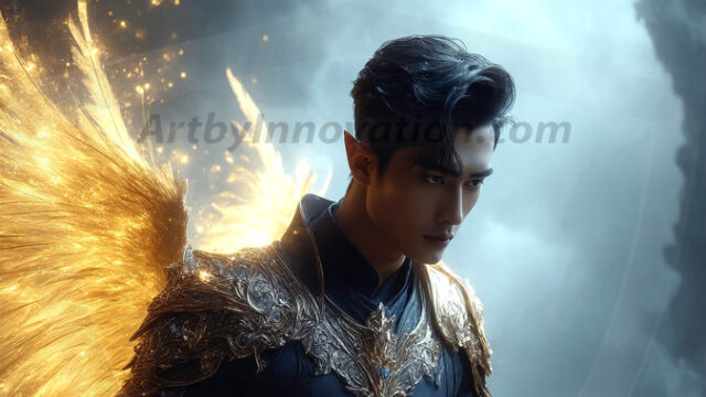 A detailed AI generated photograph featuring a beautiful handsome male angel warrior with ethereal skin and a beautiful body. Imbued with feathered wings, enormous and shimmering, a powerful warrior from the heavens. He possesses a strong, sharp jawline, chiseled muscular torso, pectorals, abs, sleek nose high cheekbones, vibrant eyes, silver earrings. With huge vibrate silver feathered wings, enormous and shimmering, with a radiant hue, reflecting light in a mesmerizing way. Here is a raw, untamed energy that emanates from him. His presence is electrifying, drawing viewers in with his captivating gaze and formidable presence. Perfect face, perfect hands.