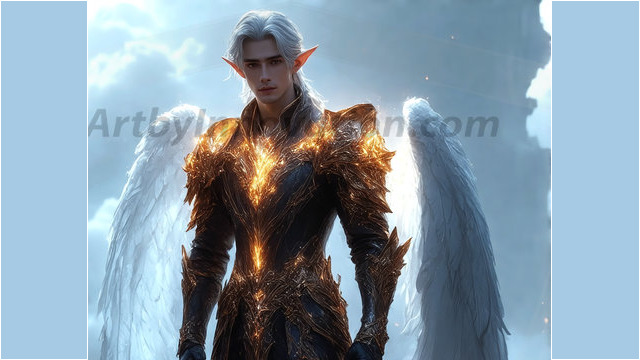 A detailed AI generated photograph featuring a beautiful handsome male angel warrior with ethereal skin and a beautiful body. Imbued with feathered wings, enormous and shimmering, a powerful warrior from the heavens. He possesses a strong, sharp jawline, chiseled muscular torso, pectorals, abs, sleek nose high cheekbones, vibrant eyes, silver earrings. With huge vibrate silver feathered wings, enormous and shimmering, with a radiant hue, reflecting light in a mesmerizing way. Here is a raw, untamed energy that emanates from him. His presence is electrifying, drawing viewers in with his captivating gaze and formidable presence. Perfect face, perfect hands.