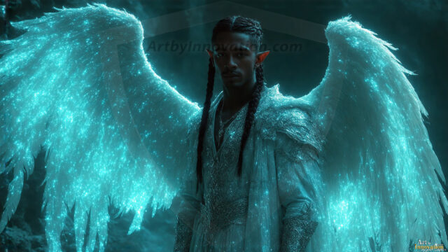 A detailed AI generated photograph featuring a beautiful handsome male angel warrior with ethereal skin and a beautiful body. Imbued with feathered wings, enormous and shimmering, a powerful warrior from the heavens. He possesses a strong, sharp jawline, chiseled muscular torso, pectorals, abs, sleek nose high cheekbones, vibrant eyes, silver earrings. With huge vibrate silver feathered wings, enormous and shimmering, with a radiant hue, reflecting light in a mesmerizing way. Here is a raw, untamed energy that emanates from him. His presence is electrifying, drawing viewers in with his captivating gaze and formidable presence. Perfect face, perfect hands.