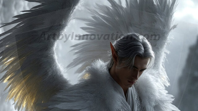 A detailed AI generated photograph featuring a beautiful handsome male angel warrior with ethereal skin and a beautiful body. Imbued with feathered wings, enormous and shimmering, a powerful warrior from the heavens. He possesses a strong, sharp jawline, chiseled muscular torso, pectorals, abs, sleek nose high cheekbones, vibrant eyes, silver earrings. With huge vibrate silver feathered wings, enormous and shimmering, with a radiant hue, reflecting light in a mesmerizing way. Here is a raw, untamed energy that emanates from him. His presence is electrifying, drawing viewers in with his captivating gaze and formidable presence. Perfect face, perfect hands.