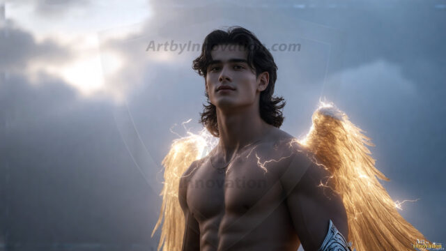 A detailed AI generated photograph featuring a beautiful handsome male angel warrior with ethereal skin and a beautiful body. Imbued with feathered wings, enormous and shimmering, a powerful warrior from the heavens. He possesses a strong, sharp jawline, chiseled muscular torso, pectorals, abs, sleek nose high cheekbones, vibrant eyes, silver earrings. With huge vibrate silver feathered wings, enormous and shimmering, with a radiant hue, reflecting light in a mesmerizing way. Here is a raw, untamed energy that emanates from him. His presence is electrifying, drawing viewers in with his captivating gaze and formidable presence. Perfect face, perfect hands.