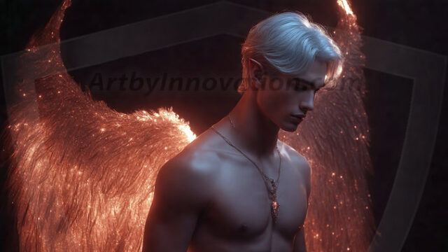 A detailed AI generated photograph featuring a beautiful handsome male angel warrior with ethereal skin and a beautiful body. Imbued with feathered wings, enormous and shimmering, a powerful warrior from the heavens. He possesses a strong, sharp jawline, chiseled muscular torso, pectorals, abs, sleek nose high cheekbones, vibrant eyes, silver earrings. With huge vibrate silver feathered wings, enormous and shimmering, with a radiant hue, reflecting light in a mesmerizing way. Here is a raw, untamed energy that emanates from him. His presence is electrifying, drawing viewers in with his captivating gaze and formidable presence. Perfect face, perfect hands.