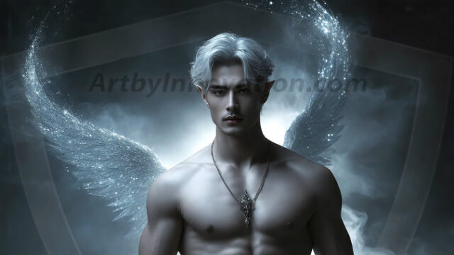 A detailed AI generated photograph featuring a beautiful handsome male angel warrior with ethereal skin and a beautiful body. Imbued with feathered wings, enormous and shimmering, a powerful warrior from the heavens. He possesses a strong, sharp jawline, chiseled muscular torso, pectorals, abs, sleek nose high cheekbones, vibrant eyes, silver earrings. With huge vibrate silver feathered wings, enormous and shimmering, with a radiant hue, reflecting light in a mesmerizing way. Here is a raw, untamed energy that emanates from him. His presence is electrifying, drawing viewers in with his captivating gaze and formidable presence. Perfect face, perfect hands.