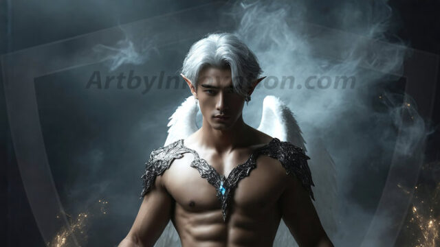 A detailed AI generated photograph featuring a beautiful handsome male angel warrior with ethereal skin and a beautiful body. Imbued with feathered wings, enormous and shimmering, a powerful warrior from the heavens. He possesses a strong, sharp jawline, chiseled muscular torso, pectorals, abs, sleek nose high cheekbones, vibrant eyes, silver earrings. With huge vibrate silver feathered wings, enormous and shimmering, with a radiant hue, reflecting light in a mesmerizing way. Here is a raw, untamed energy that emanates from him. His presence is electrifying, drawing viewers in with his captivating gaze and formidable presence. Perfect face, perfect hands.