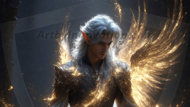 A detailed AI generated photograph featuring a beautiful handsome male angel warrior with ethereal skin and a beautiful body. Imbued with feathered wings, enormous and shimmering, a powerful warrior from the heavens. He possesses a strong, sharp jawline, chiseled muscular torso, pectorals, abs, sleek nose high cheekbones, vibrant eyes, silver earrings. With huge vibrate silver feathered wings, enormous and shimmering, with a radiant hue, reflecting light in a mesmerizing way. Here is a raw, untamed energy that emanates from him. His presence is electrifying, drawing viewers in with his captivating gaze and formidable presence. Perfect face, perfect hands.