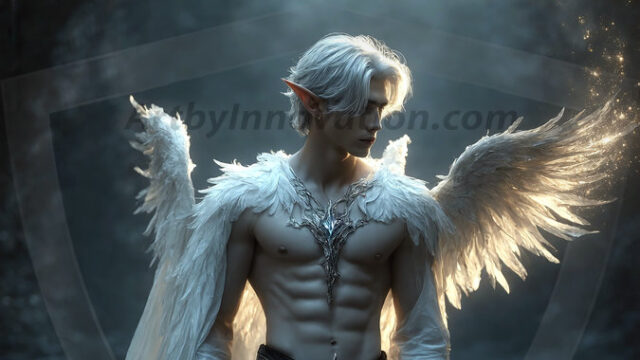 A detailed AI generated photograph featuring a beautiful handsome male angel warrior with ethereal skin and a beautiful body. Imbued with feathered wings, enormous and shimmering, a powerful warrior from the heavens. He possesses a strong, sharp jawline, chiseled muscular torso, pectorals, abs, sleek nose high cheekbones, vibrant eyes, silver earrings. With huge vibrate silver feathered wings, enormous and shimmering, with a radiant hue, reflecting light in a mesmerizing way. Here is a raw, untamed energy that emanates from him. His presence is electrifying, drawing viewers in with his captivating gaze and formidable presence. Perfect face, perfect hands.