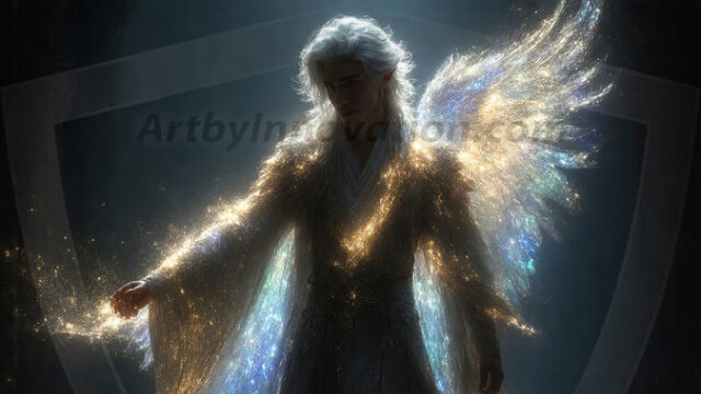 A detailed AI generated photograph featuring a beautiful handsome male angel warrior with ethereal skin and a beautiful body. Imbued with feathered wings, enormous and shimmering, a powerful warrior from the heavens. He possesses a strong, sharp jawline, chiseled muscular torso, pectorals, abs, sleek nose high cheekbones, vibrant eyes, silver earrings. With huge vibrate silver feathered wings, enormous and shimmering, with a radiant hue, reflecting light in a mesmerizing way. Here is a raw, untamed energy that emanates from him. His presence is electrifying, drawing viewers in with his captivating gaze and formidable presence. Perfect face, perfect hands.