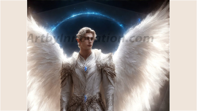 A detailed AI generated photograph featuring a beautiful handsome male angel warrior with ethereal skin and a beautiful body. Imbued with feathered wings, enormous and shimmering, a powerful warrior from the heavens. He possesses a strong, sharp jawline, chiseled muscular torso, pectorals, abs, sleek nose high cheekbones, vibrant eyes, silver earrings. With huge vibrate silver feathered wings, enormous and shimmering, with a radiant hue, reflecting light in a mesmerizing way. Here is a raw, untamed energy that emanates from him. His presence is electrifying, drawing viewers in with his captivating gaze and formidable presence. Perfect face, perfect hands.