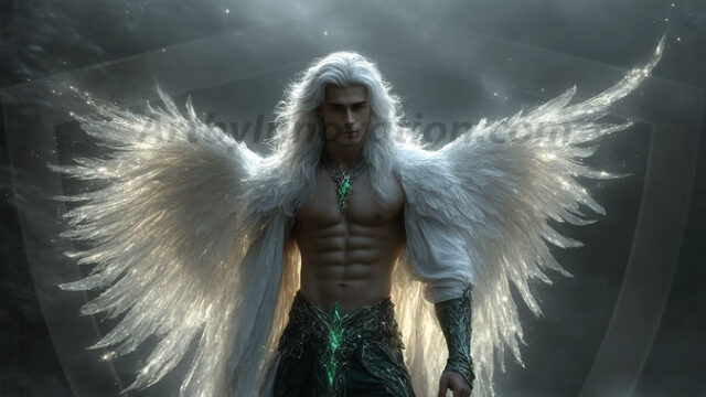 A detailed AI generated photograph featuring a beautiful handsome male angel warrior with ethereal skin and a beautiful body. Imbued with feathered wings, enormous and shimmering, a powerful warrior from the heavens. He possesses a strong, sharp jawline, chiseled muscular torso, pectorals, abs, sleek nose high cheekbones, vibrant eyes, silver earrings. With huge vibrate silver feathered wings, enormous and shimmering, with a radiant hue, reflecting light in a mesmerizing way. Here is a raw, untamed energy that emanates from him. His presence is electrifying, drawing viewers in with his captivating gaze and formidable presence. Perfect face, perfect hands.