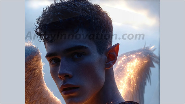 A detailed AI generated photograph featuring a beautiful handsome male angel warrior with ethereal skin and a beautiful body. Imbued with feathered wings, enormous and shimmering, a powerful warrior from the heavens. He possesses a strong, sharp jawline, chiseled muscular torso, pectorals, abs, sleek nose high cheekbones, vibrant eyes, silver earrings. With huge vibrate silver feathered wings, enormous and shimmering, with a radiant hue, reflecting light in a mesmerizing way. Here is a raw, untamed energy that emanates from him. His presence is electrifying, drawing viewers in with his captivating gaze and formidable presence. Perfect face, perfect hands.
