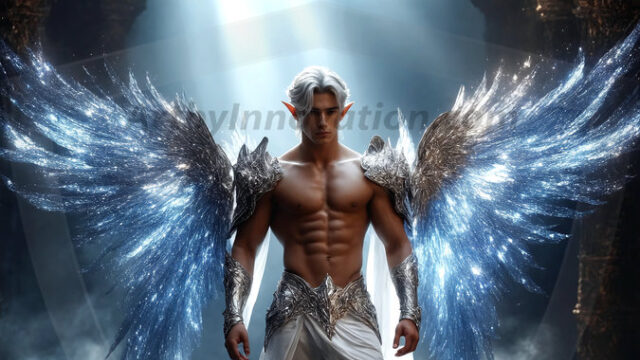 A detailed AI generated photograph featuring a beautiful handsome male angel warrior with ethereal skin and a beautiful body. Imbued with feathered wings, enormous and shimmering, a powerful warrior from the heavens. He possesses a strong, sharp jawline, chiseled muscular torso, pectorals, abs, sleek nose high cheekbones, vibrant eyes, silver earrings. With huge vibrate silver feathered wings, enormous and shimmering, with a radiant hue, reflecting light in a mesmerizing way. Here is a raw, untamed energy that emanates from him. His presence is electrifying, drawing viewers in with his captivating gaze and formidable presence. Perfect face, perfect hands.