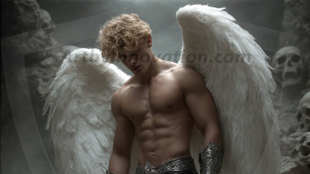 A detailed AI generated photograph featuring a beautiful handsome male angel warrior with ethereal skin and a beautiful body. Imbued with feathered wings, enormous and shimmering, a powerful warrior from the heavens. He possesses a strong, sharp jawline, chiseled muscular torso, pectorals, abs, sleek nose high cheekbones, vibrant eyes, silver earrings. With huge vibrate silver feathered wings, enormous and shimmering, with a radiant hue, reflecting light in a mesmerizing way. Here is a raw, untamed energy that emanates from him. His presence is electrifying, drawing viewers in with his captivating gaze and formidable presence. Perfect face, perfect hands.