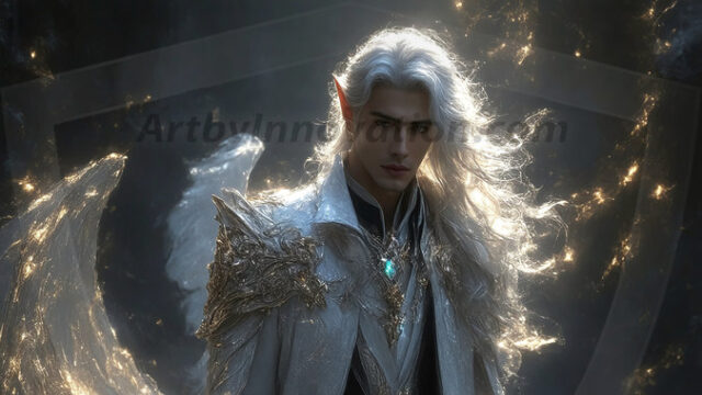 A detailed AI generated photograph featuring a beautiful handsome male angel warrior with ethereal skin and a beautiful body. Imbued with feathered wings, enormous and shimmering, a powerful warrior from the heavens. He possesses a strong, sharp jawline, chiseled muscular torso, pectorals, abs, sleek nose high cheekbones, vibrant eyes, silver earrings. With huge vibrate silver feathered wings, enormous and shimmering, with a radiant hue, reflecting light in a mesmerizing way. Here is a raw, untamed energy that emanates from him. His presence is electrifying, drawing viewers in with his captivating gaze and formidable presence. Perfect face, perfect hands.