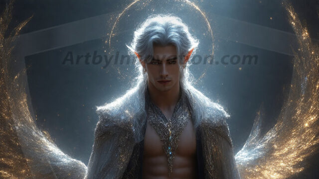 A detailed AI generated photograph featuring a beautiful handsome male angel warrior with ethereal skin and a beautiful body. Imbued with feathered wings, enormous and shimmering, a powerful warrior from the heavens. He possesses a strong, sharp jawline, chiseled muscular torso, pectorals, abs, sleek nose high cheekbones, vibrant eyes, silver earrings. With huge vibrate silver feathered wings, enormous and shimmering, with a radiant hue, reflecting light in a mesmerizing way. Here is a raw, untamed energy that emanates from him. His presence is electrifying, drawing viewers in with his captivating gaze and formidable presence. Perfect face, perfect hands.