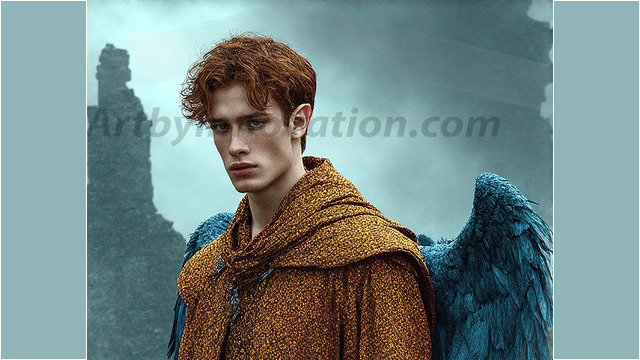 A detailed AI generated photograph featuring a beautiful handsome male angel warrior with ethereal skin and a beautiful body. Imbued with feathered wings, enormous and shimmering, a powerful warrior from the heavens. He possesses a strong, sharp jawline, chiseled muscular torso, pectorals, abs, sleek nose high cheekbones, vibrant eyes, silver earrings. With huge vibrate silver feathered wings, enormous and shimmering, with a radiant hue, reflecting light in a mesmerizing way. Here is a raw, untamed energy that emanates from him. His presence is electrifying, drawing viewers in with his captivating gaze and formidable presence. Perfect face, perfect hands.