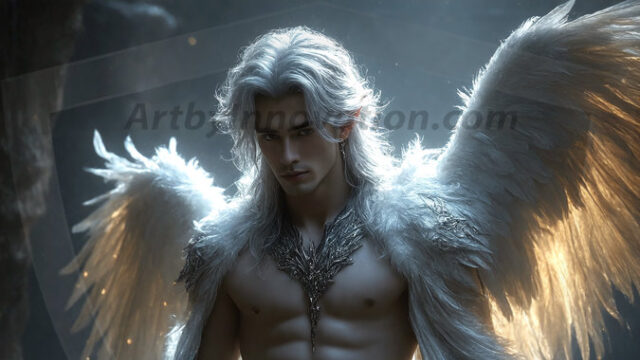 A detailed AI generated photograph featuring a beautiful handsome male angel warrior with ethereal skin and a beautiful body. Imbued with feathered wings, enormous and shimmering, a powerful warrior from the heavens. He possesses a strong, sharp jawline, chiseled muscular torso, pectorals, abs, sleek nose high cheekbones, vibrant eyes, silver earrings. With huge vibrate silver feathered wings, enormous and shimmering, with a radiant hue, reflecting light in a mesmerizing way. Here is a raw, untamed energy that emanates from him. His presence is electrifying, drawing viewers in with his captivating gaze and formidable presence. Perfect face, perfect hands.