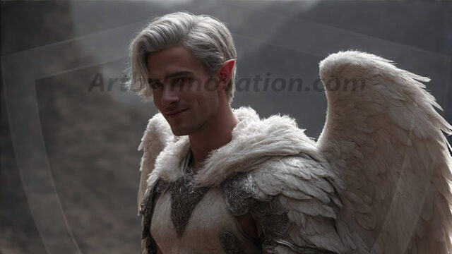 A detailed AI generated photograph featuring a beautiful handsome male angel warrior with ethereal skin and a beautiful body. Imbued with feathered wings, enormous and shimmering, a powerful warrior from the heavens. He possesses a strong, sharp jawline, chiseled muscular torso, pectorals, abs, sleek nose high cheekbones, vibrant eyes, silver earrings. With huge vibrate silver feathered wings, enormous and shimmering, with a radiant hue, reflecting light in a mesmerizing way. Here is a raw, untamed energy that emanates from him. His presence is electrifying, drawing viewers in with his captivating gaze and formidable presence. Perfect face, perfect hands.