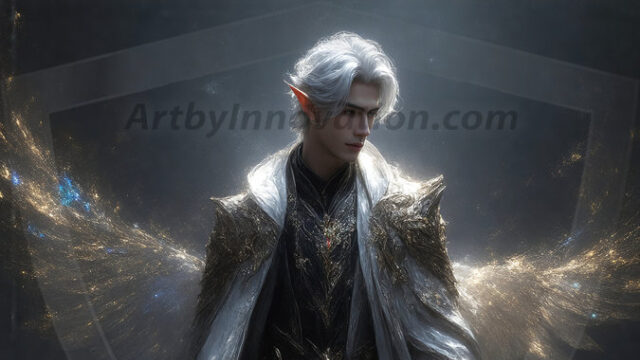 A detailed AI generated photograph featuring a beautiful handsome male angel warrior with ethereal skin and a beautiful body. Imbued with feathered wings, enormous and shimmering, a powerful warrior from the heavens. He possesses a strong, sharp jawline, chiseled muscular torso, pectorals, abs, sleek nose high cheekbones, vibrant eyes, silver earrings. With huge vibrate silver feathered wings, enormous and shimmering, with a radiant hue, reflecting light in a mesmerizing way. Here is a raw, untamed energy that emanates from him. His presence is electrifying, drawing viewers in with his captivating gaze and formidable presence. Perfect face, perfect hands.