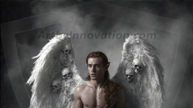 A detailed AI generated photograph featuring a beautiful handsome male angel warrior with ethereal skin and a beautiful body. Imbued with feathered wings, enormous and shimmering, a powerful warrior from the heavens. He possesses a strong, sharp jawline, chiseled muscular torso, pectorals, abs, sleek nose high cheekbones, vibrant eyes, silver earrings. With huge vibrate silver feathered wings, enormous and shimmering, with a radiant hue, reflecting light in a mesmerizing way. Here is a raw, untamed energy that emanates from him. His presence is electrifying, drawing viewers in with his captivating gaze and formidable presence. Perfect face, perfect hands.