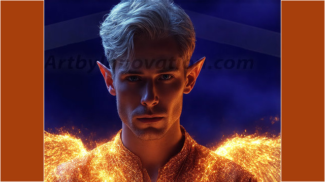 A detailed AI generated photograph featuring a beautiful handsome male angel warrior with ethereal skin and a beautiful body. Imbued with feathered wings, enormous and shimmering, a powerful warrior from the heavens. He possesses a strong, sharp jawline, chiseled muscular torso, pectorals, abs, sleek nose high cheekbones, vibrant eyes, silver earrings. With huge vibrate silver feathered wings, enormous and shimmering, with a radiant hue, reflecting light in a mesmerizing way. Here is a raw, untamed energy that emanates from him. His presence is electrifying, drawing viewers in with his captivating gaze and formidable presence. Perfect face, perfect hands.