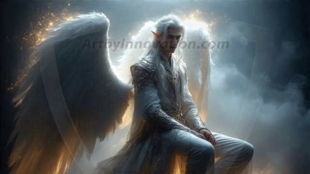 A detailed AI generated photograph featuring a beautiful handsome male angel warrior with ethereal skin and a beautiful body. Imbued with feathered wings, enormous and shimmering, a powerful warrior from the heavens. He possesses a strong, sharp jawline, chiseled muscular torso, pectorals, abs, sleek nose high cheekbones, vibrant eyes, silver earrings. With huge vibrate silver feathered wings, enormous and shimmering, with a radiant hue, reflecting light in a mesmerizing way. Here is a raw, untamed energy that emanates from him. His presence is electrifying, drawing viewers in with his captivating gaze and formidable presence. Perfect face, perfect hands.