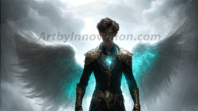 A detailed AI generated photograph featuring a beautiful handsome male angel warrior with ethereal skin and a beautiful body. Imbued with feathered wings, enormous and shimmering, a powerful warrior from the heavens. He possesses a strong, sharp jawline, chiseled muscular torso, pectorals, abs, sleek nose high cheekbones, vibrant eyes, silver earrings. With huge vibrate silver feathered wings, enormous and shimmering, with a radiant hue, reflecting light in a mesmerizing way. Here is a raw, untamed energy that emanates from him. His presence is electrifying, drawing viewers in with his captivating gaze and formidable presence. Perfect face, perfect hands.