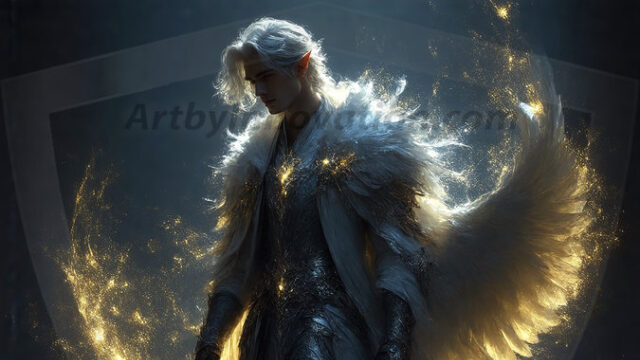 A detailed AI generated photograph featuring a beautiful handsome male angel warrior with ethereal skin and a beautiful body. Imbued with feathered wings, enormous and shimmering, a powerful warrior from the heavens. He possesses a strong, sharp jawline, chiseled muscular torso, pectorals, abs, sleek nose high cheekbones, vibrant eyes, silver earrings. With huge vibrate silver feathered wings, enormous and shimmering, with a radiant hue, reflecting light in a mesmerizing way. Here is a raw, untamed energy that emanates from him. His presence is electrifying, drawing viewers in with his captivating gaze and formidable presence. Perfect face, perfect hands.