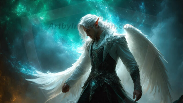 A detailed AI generated photograph featuring a beautiful handsome male angel warrior with ethereal skin and a beautiful body. Imbued with feathered wings, enormous and shimmering, a powerful warrior from the heavens. He possesses a strong, sharp jawline, chiseled muscular torso, pectorals, abs, sleek nose high cheekbones, vibrant eyes, silver earrings. With huge vibrate silver feathered wings, enormous and shimmering, with a radiant hue, reflecting light in a mesmerizing way. Here is a raw, untamed energy that emanates from him. His presence is electrifying, drawing viewers in with his captivating gaze and formidable presence. Perfect face, perfect hands.