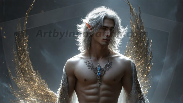 A detailed AI generated photograph featuring a beautiful handsome male angel warrior with ethereal skin and a beautiful body. Imbued with feathered wings, enormous and shimmering, a powerful warrior from the heavens. He possesses a strong, sharp jawline, chiseled muscular torso, pectorals, abs, sleek nose high cheekbones, vibrant eyes, silver earrings. With huge vibrate silver feathered wings, enormous and shimmering, with a radiant hue, reflecting light in a mesmerizing way. Here is a raw, untamed energy that emanates from him. His presence is electrifying, drawing viewers in with his captivating gaze and formidable presence. Perfect face, perfect hands.