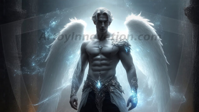 A detailed AI generated photograph featuring a beautiful handsome male angel warrior with ethereal skin and a beautiful body. Imbued with feathered wings, enormous and shimmering, a powerful warrior from the heavens. He possesses a strong, sharp jawline, chiseled muscular torso, pectorals, abs, sleek nose high cheekbones, vibrant eyes, silver earrings. With huge vibrate silver feathered wings, enormous and shimmering, with a radiant hue, reflecting light in a mesmerizing way. Here is a raw, untamed energy that emanates from him. His presence is electrifying, drawing viewers in with his captivating gaze and formidable presence. Perfect face, perfect hands.