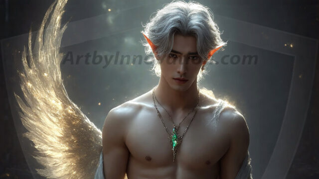 A detailed AI generated photograph featuring a beautiful handsome male angel warrior with ethereal skin and a beautiful body. Imbued with feathered wings, enormous and shimmering, a powerful warrior from the heavens. He possesses a strong, sharp jawline, chiseled muscular torso, pectorals, abs, sleek nose high cheekbones, vibrant eyes, silver earrings. With huge vibrate silver feathered wings, enormous and shimmering, with a radiant hue, reflecting light in a mesmerizing way. Here is a raw, untamed energy that emanates from him. His presence is electrifying, drawing viewers in with his captivating gaze and formidable presence. Perfect face, perfect hands.