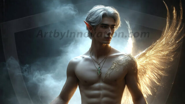 A detailed AI generated photograph featuring a beautiful handsome male angel warrior with ethereal skin and a beautiful body. Imbued with feathered wings, enormous and shimmering, a powerful warrior from the heavens. He possesses a strong, sharp jawline, chiseled muscular torso, pectorals, abs, sleek nose high cheekbones, vibrant eyes, silver earrings. With huge vibrate silver feathered wings, enormous and shimmering, with a radiant hue, reflecting light in a mesmerizing way. Here is a raw, untamed energy that emanates from him. His presence is electrifying, drawing viewers in with his captivating gaze and formidable presence. Perfect face, perfect hands.