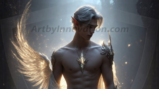 A detailed AI generated photograph featuring a beautiful handsome male angel warrior with ethereal skin and a beautiful body. Imbued with feathered wings, enormous and shimmering, a powerful warrior from the heavens. He possesses a strong, sharp jawline, chiseled muscular torso, pectorals, abs, sleek nose high cheekbones, vibrant eyes, silver earrings. With huge vibrate silver feathered wings, enormous and shimmering, with a radiant hue, reflecting light in a mesmerizing way. Here is a raw, untamed energy that emanates from him. His presence is electrifying, drawing viewers in with his captivating gaze and formidable presence. Perfect face, perfect hands.