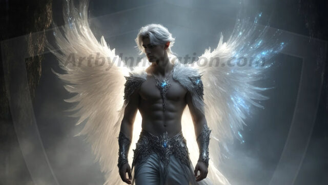 A detailed AI generated photograph featuring a beautiful handsome male angel warrior with ethereal skin and a beautiful body. Imbued with feathered wings, enormous and shimmering, a powerful warrior from the heavens. He possesses a strong, sharp jawline, chiseled muscular torso, pectorals, abs, sleek nose high cheekbones, vibrant eyes, silver earrings. With huge vibrate silver feathered wings, enormous and shimmering, with a radiant hue, reflecting light in a mesmerizing way. Here is a raw, untamed energy that emanates from him. His presence is electrifying, drawing viewers in with his captivating gaze and formidable presence. Perfect face, perfect hands.