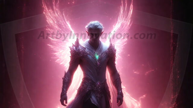 A detailed AI generated photograph featuring a beautiful handsome male angel warrior with ethereal skin and a beautiful body. Imbued with feathered wings, enormous and shimmering, a powerful warrior from the heavens. He possesses a strong, sharp jawline, chiseled muscular torso, pectorals, abs, sleek nose high cheekbones, vibrant eyes, silver earrings. With huge vibrate silver feathered wings, enormous and shimmering, with a radiant hue, reflecting light in a mesmerizing way. Here is a raw, untamed energy that emanates from him. His presence is electrifying, drawing viewers in with his captivating gaze and formidable presence. Perfect face, perfect hands.